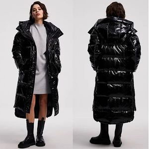 Lattelier Womens Maxi Shiny Puffer Coat Jacket, Duck Down, Black, Hooded, Size L